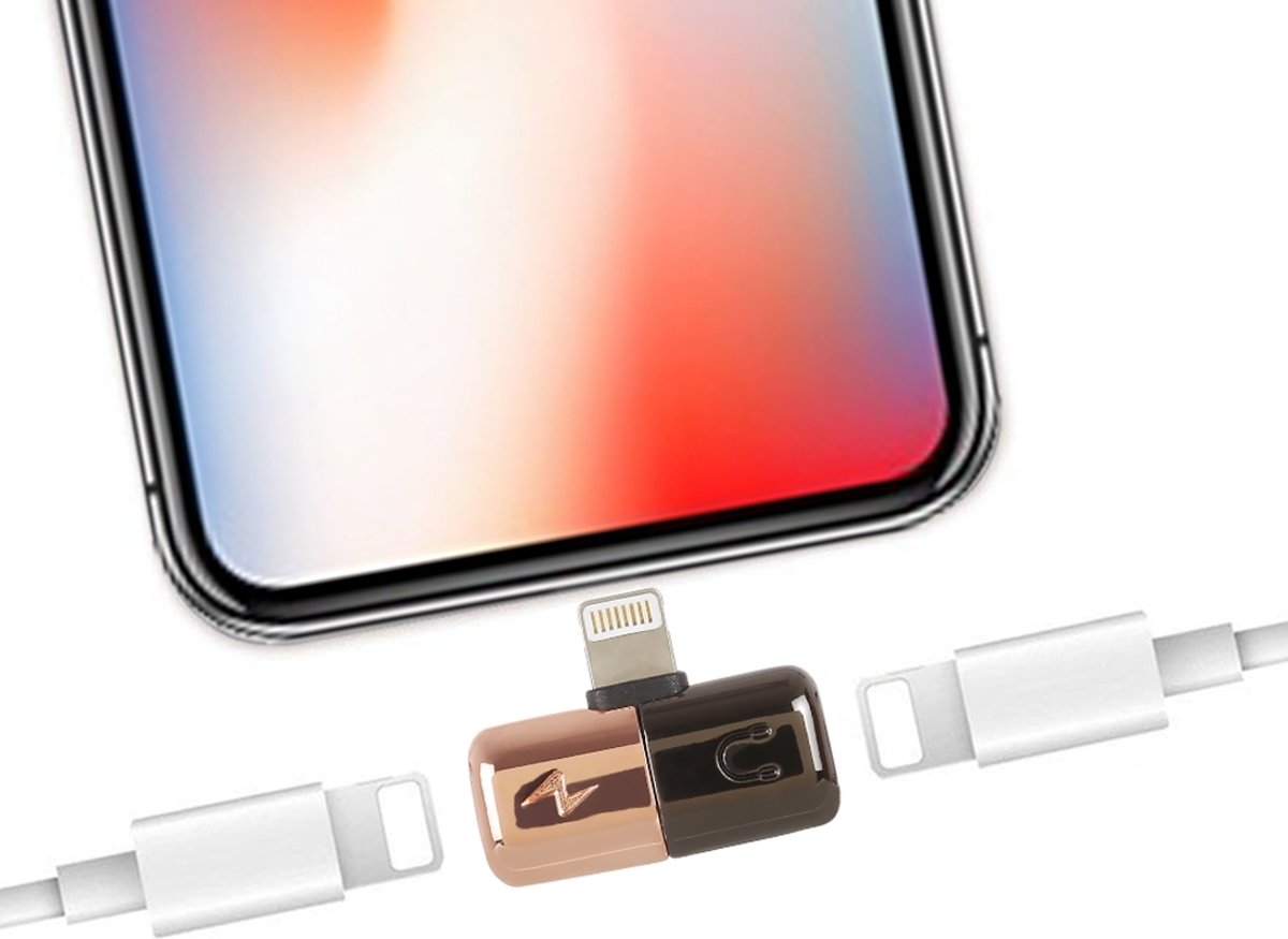 2 in 1 Dual 8-pins female naar 8-pins mannelijke mini draagbare metalen audio- en oplaadadapter Audio Splitter, voor iPhone XS / iPhone XS Max / iPhone XR / iPhone X / iPhone 8 & 8 Plus / iPhone 7 & 7 Plus (Rose Gold + Bruin)