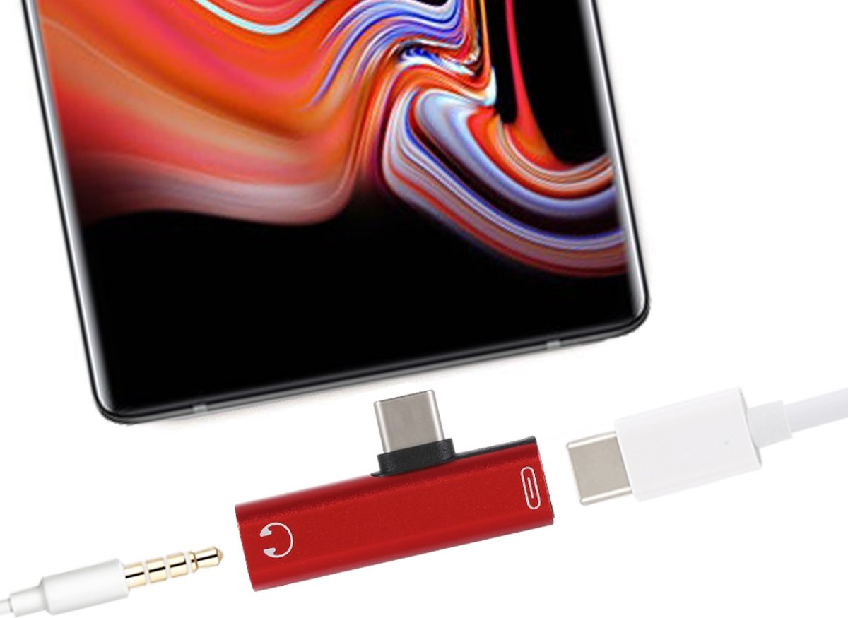 2-in-1 USB-C / Type-C mannetje naar USB-C / Type-C Vrouwelijk 3,5 mm jack-oplaadadapter (rood)