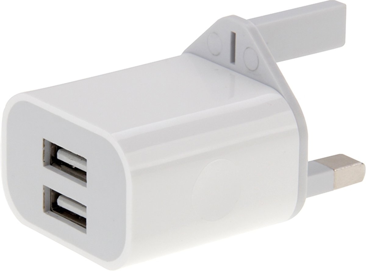 2-poorten 5V 2A USB-opladeradapter, voor iPhone, Galaxy, Huawei, Xiaomi, LG, HTC en andere slimme telefoons, oplaadbare apparaten, VK-stekker (wit)