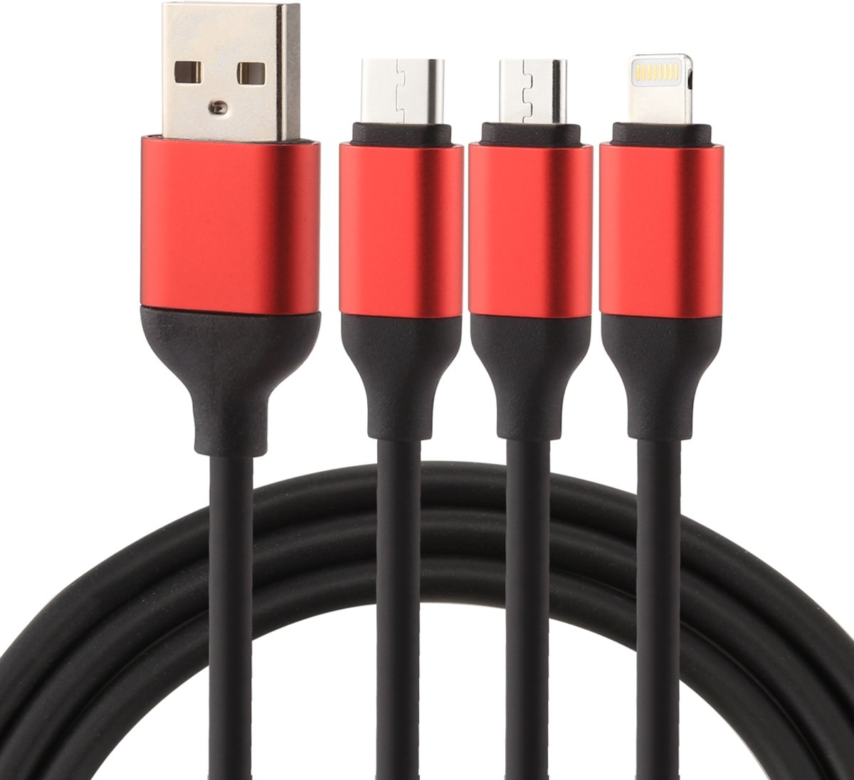 2A 1,2m 3 in 1 USB naar 8 pins & USB-C / Type-C & Micro USB-oplaadkabel (zwart + rood), voor iPhone / iPad / Galaxy / Huawei / Xiaomi / LG / HTC / Meizu en andere slimme telefoons