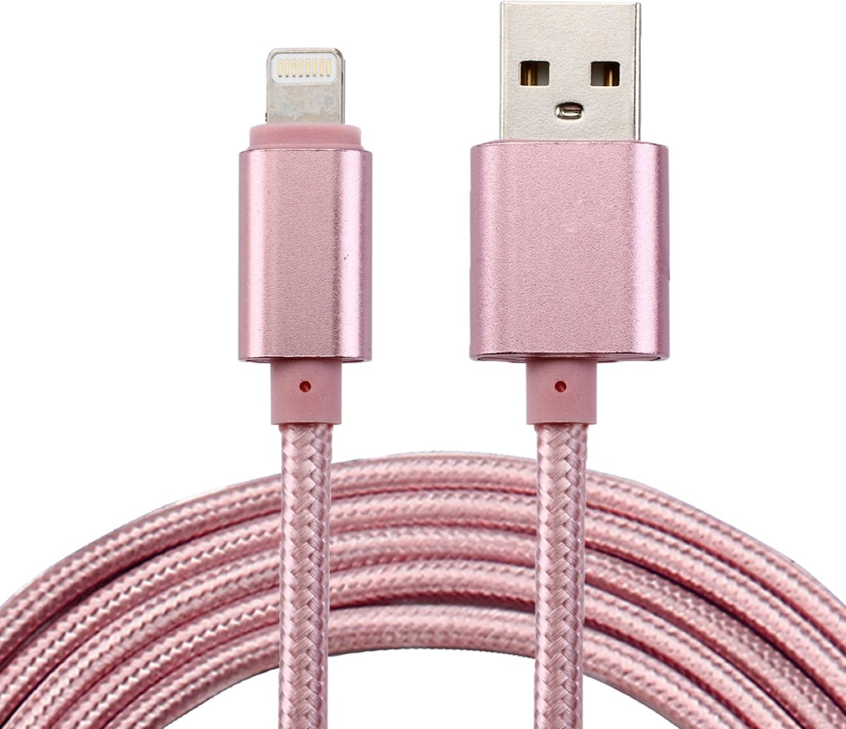 2m geweven stijl metalen kop 84 kernen 8 pins naar USB 2.0 data / laadkabel, voor iPhone XR / iPhone XS MAX / iPhone X & XS / iPhone 8 & 8 Plus / iPhone 7 & 7 Plus / iPhone 6 & 6s & 6 Plus & 6s Plus / iPad (rose goud)