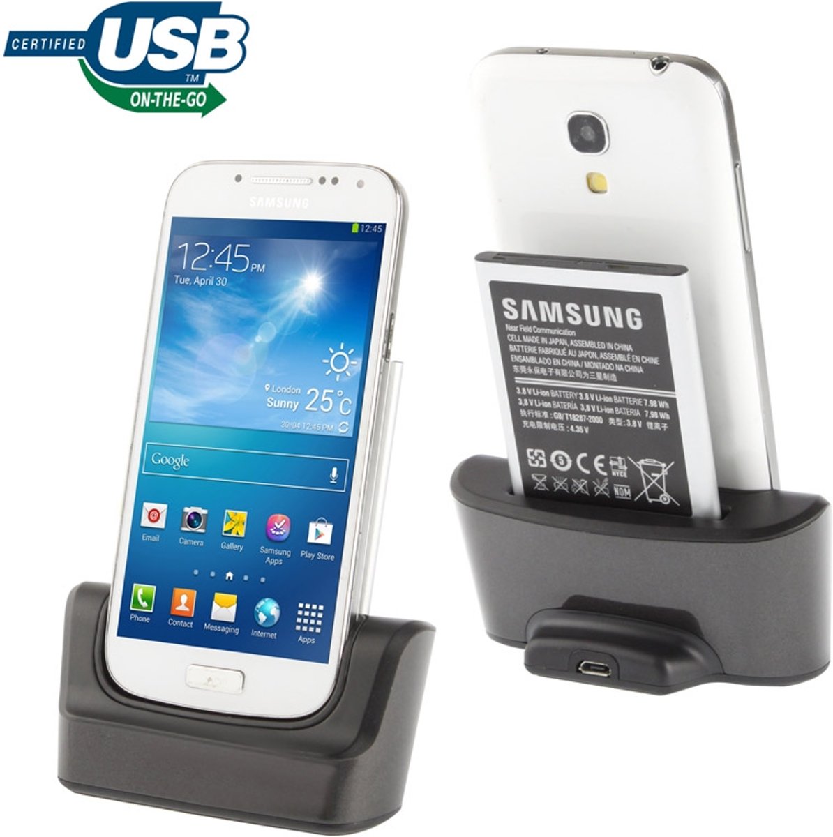 3 in 1 (datasynchronisatie + telefoonoplader + extra batterijlader) USB-oplaadhouder voor Galaxy S IV mini / i9190 (zwart)