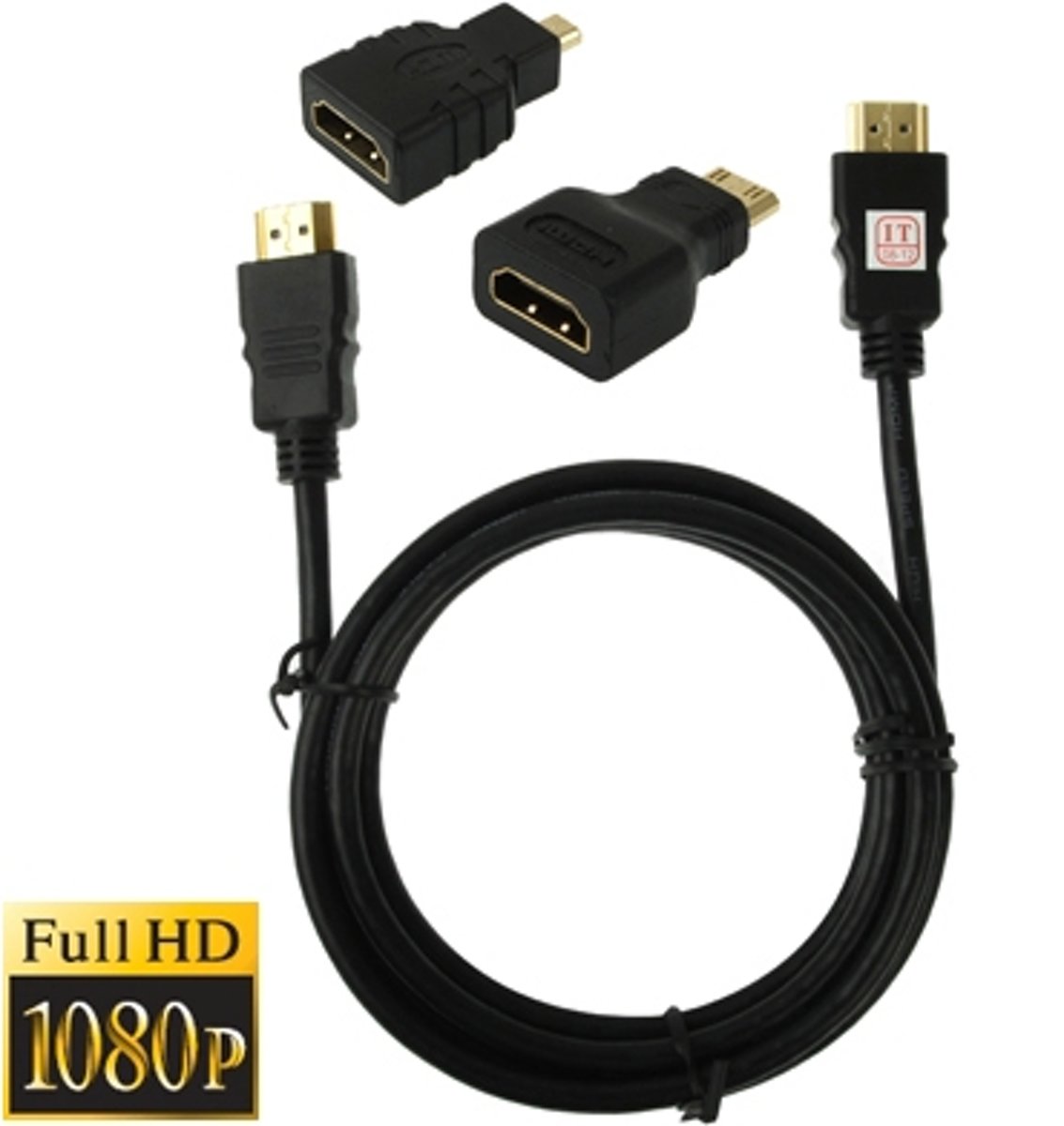 3 in 1 Full HD 1080P HDMI Kabel Adaptor Kit (1.5 meter HDMI kabel + HDMI naar Mini HDMI Adaptor + HDMI naar Micro HDMI Adaptor)