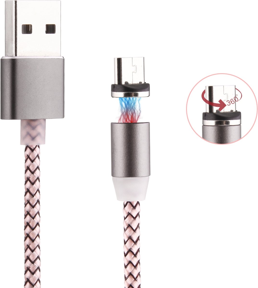 360 graden rotatie 1m Weave-stijl Micro USB naar USB 2.0 Sterke magnetische laadkabel met LED-indicator, voor Samsung, HTC, LG, Sony, Huawei, Lenovo, Xiaomi en andere smartphones (roze)