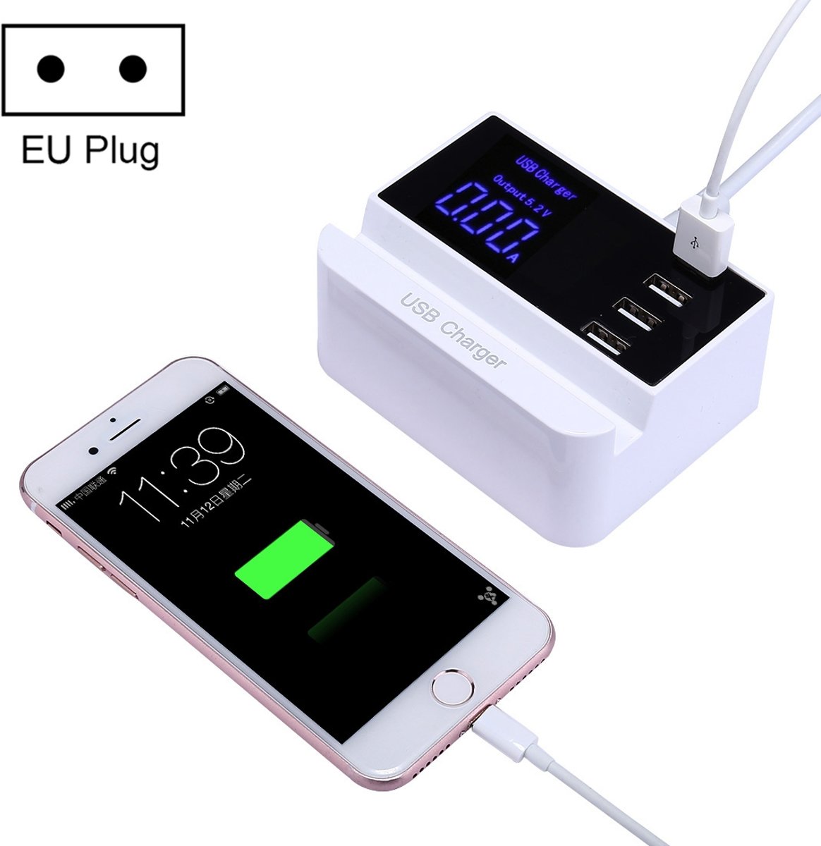 4 USB-poorten 3.5A Reislader met LCD-scherm en houderontwerp, EU-stekker, voor iPhone, iPad, Samsung, HTC, Sony, Nokia, LG en andere smartphones