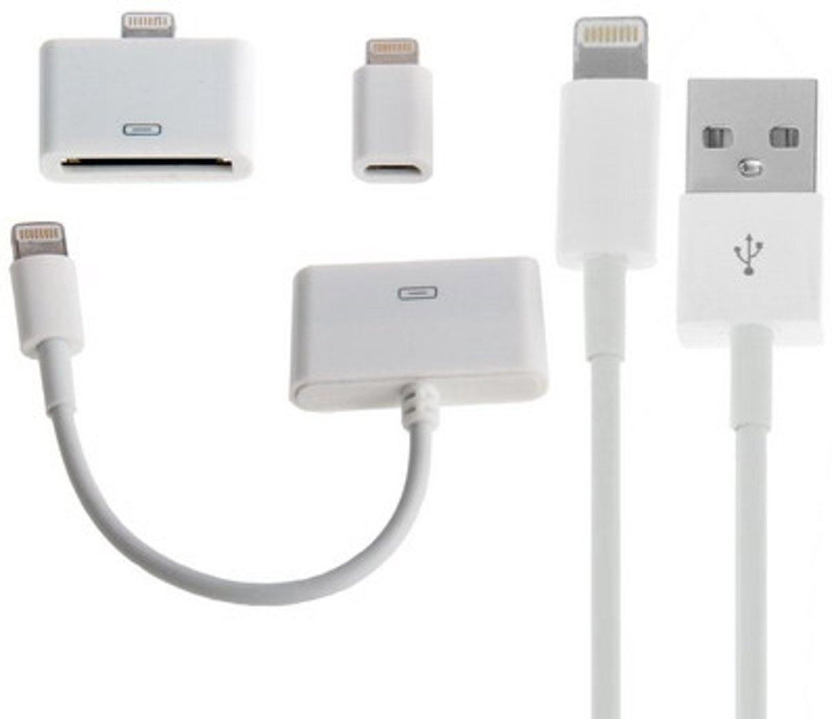 4 in 1 (30 Pin vrouwelijk naar 8 Pin mannelijk Sync Data Kabel Adapter + 30 Pin vrouwelijk naar 8 Pin mannelijk Adapter + Micro USB Adapter + 8 Pin naar USB Sync Kabel) voor iPhone 6 / 6S & 6 Plus / 6S Plus, iPhone 5 & 5S & 5C, iPad Airwit