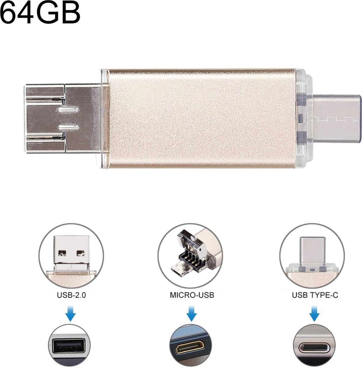 64 GB 3-in-1 USB-C / Type-C + USB 2.0 + OTG-flitsschijf, voor Type C-smartphones en pc-computer (rood)