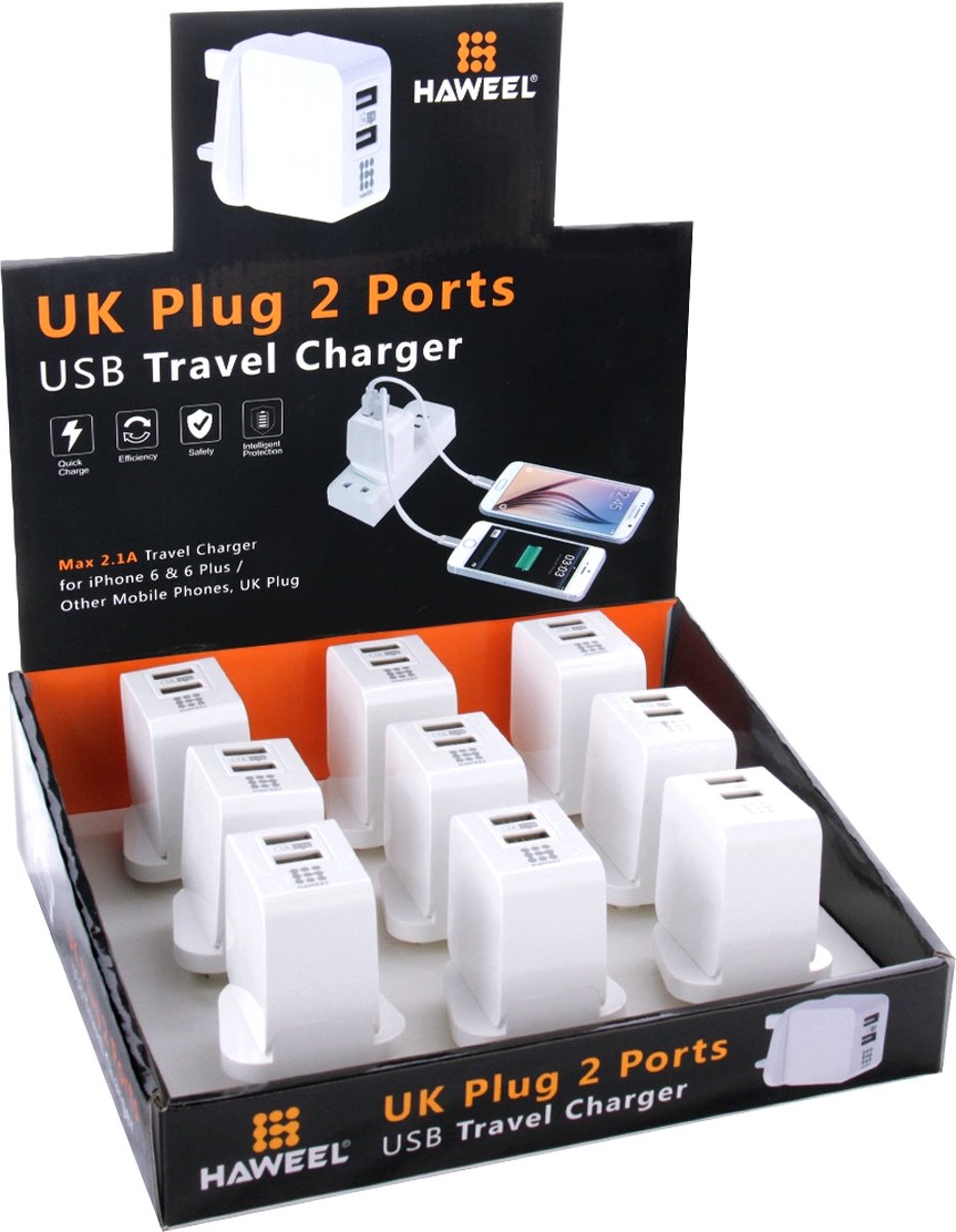 9 STUKS HAWEEL UK Plug 2 USB-poorten 1A / 2.1A-reisset met Display Stand Box, voor iPhone, Galaxy, Huawei, Xiaomi, LG, HTC en andere smartphones