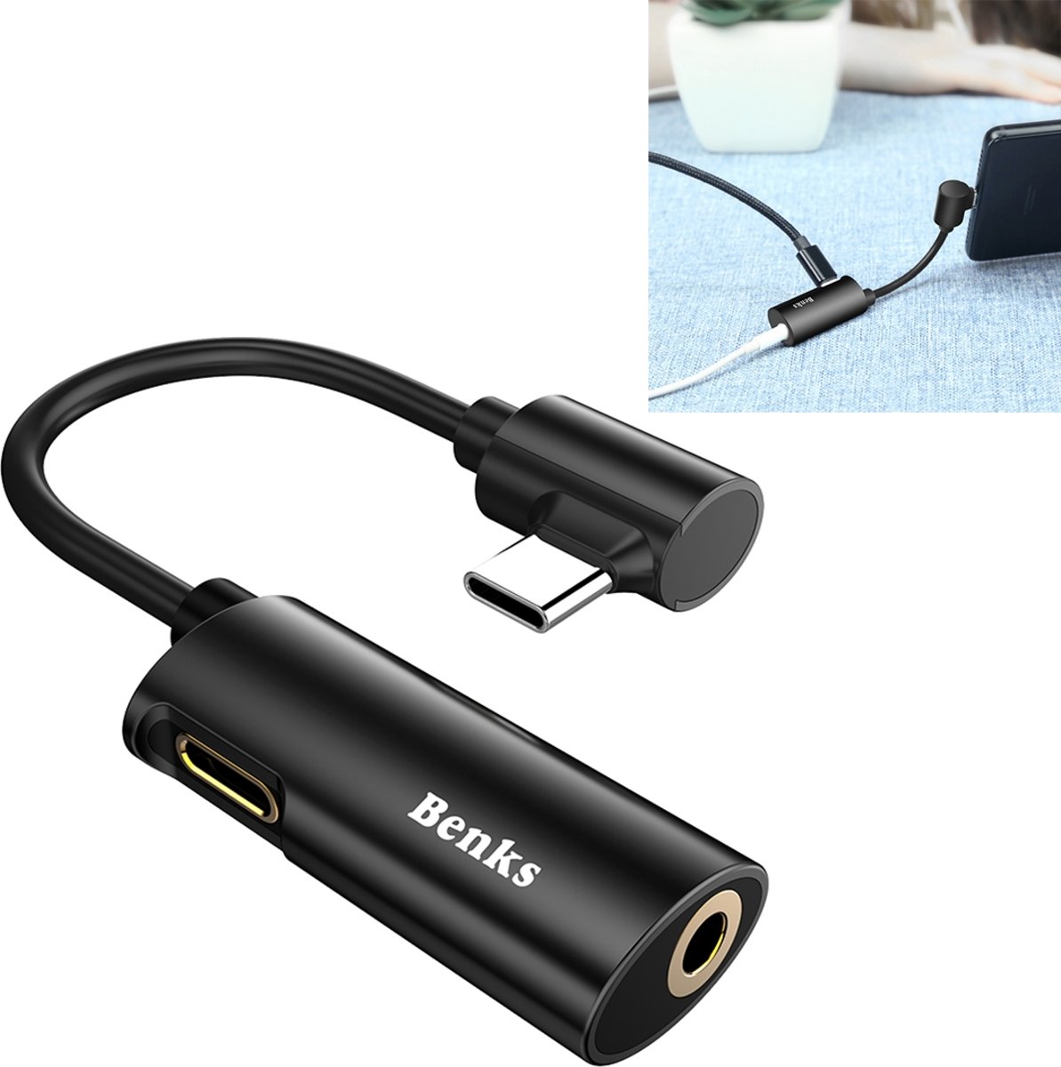 Benks U41 3.5mm Jack Vrouw + USB-C / Type-C Vrouw naar USB-C / Type-C Beluisteren & Opladen Adapter, voor Samsung Galaxy S8 & S8 + / LG G6 / Huawei P10 & P10 Plus / Xiaomi Mi6 & Max 2 en andere smartphones (zwart)