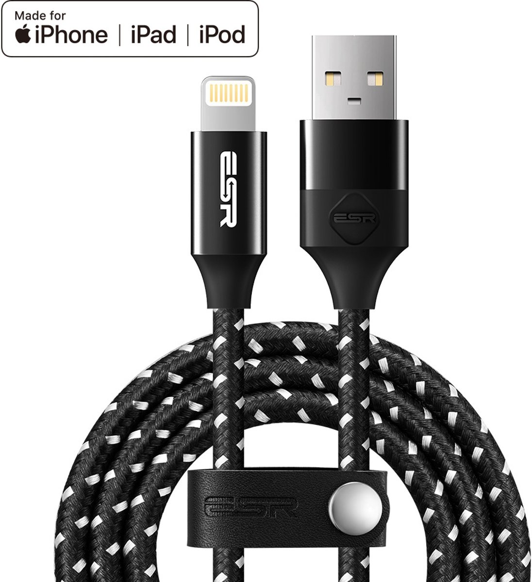 ESR 1m 2.4A MFI gecertificeerd USB naar 8-pins nylon gevlochten snelle oplaadkabel, voor iPhone XR / iPhone XS MAX / iPhone X & XS / iPhone 8 & 8 Plus / iPhone 7 & 7 Plus / iPhone 6 & 6s & 6 Plus & 6s Plus / iPad / iPod (zwart)