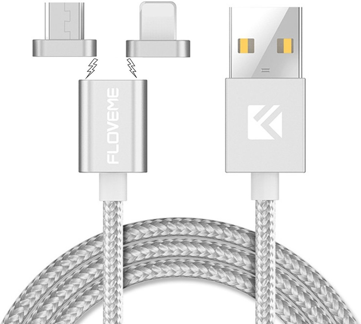 FLOVEME 2 in 1 2.4A 1m Nylon Weave Style 8 pins + Micro USB Magnetic vergulde kop Data Sync oplaadkabel, voor iPhone / iPad, Samsung Android-smartphone (zilver)