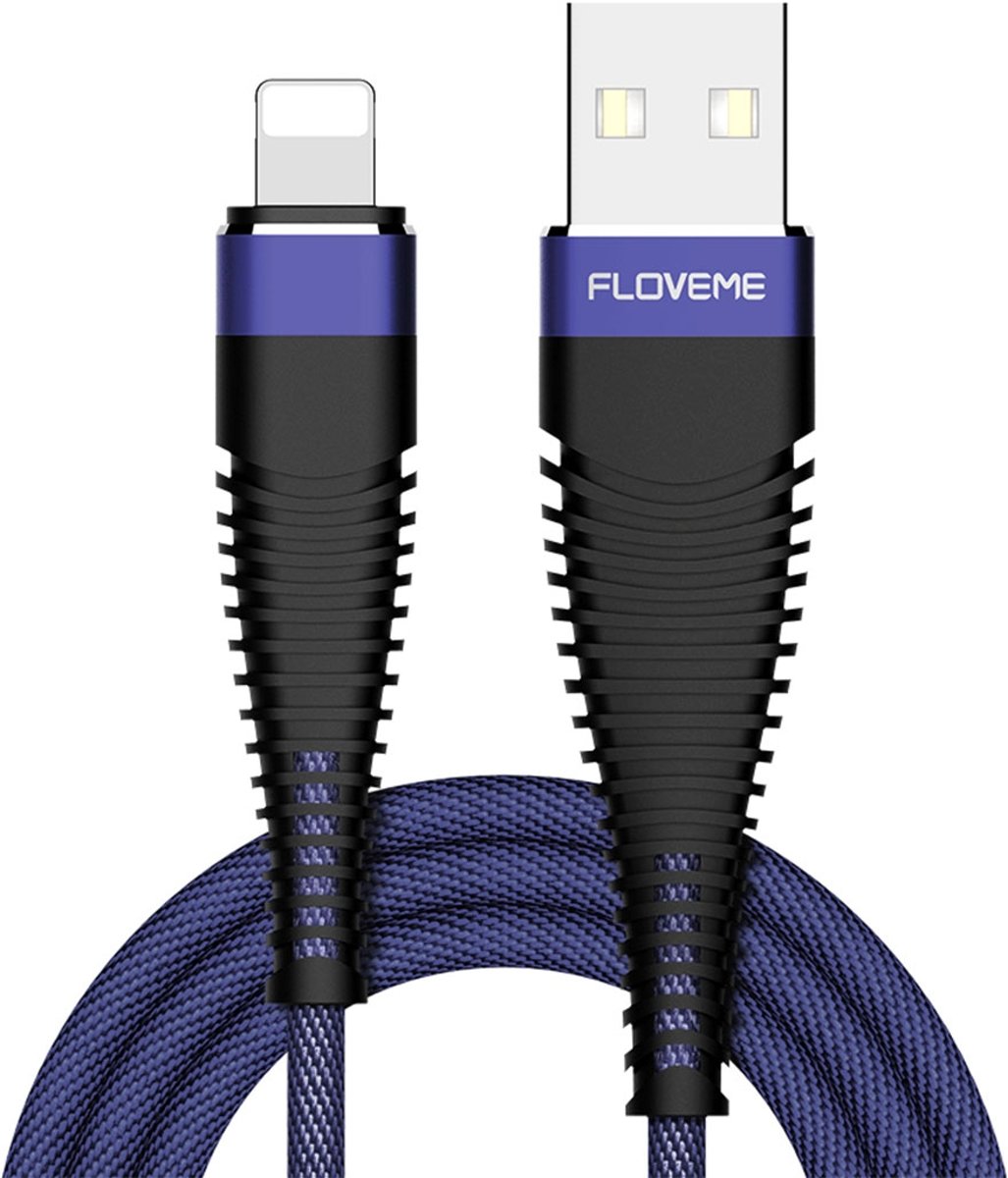 FLOVEME 2m 2A USB naar 8-pins doek + aluminiumlegering Data Sync oplaadkabel, voor iPhone XR / iPhone XS MAX / iPhone X & XS / iPhone 8 & 8 Plus / iPhone 7 & 7 Plus / iPhone 6 & 6s & 6 Plus & 6s Plus / iPad (blauw)