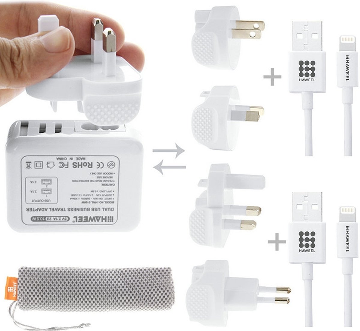 HAWEEL reisoplader met netwerktas (2.1A dubbele USB-wandlader met 4 plugadapter + 2 x MFI 8-pins USB-kabel), voor iPhone, Galaxy, Huawei, Xiaomi, LG, HTC en andere slimme telefoons, oplaadbare apparaten