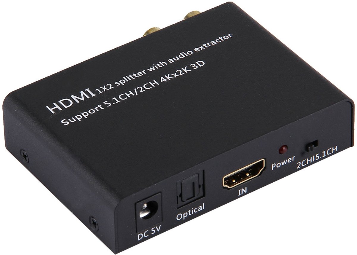 HDMI 1x2 Splitter met Audio Extractor, ondersteunt 5.1 en 2 kanaals output, 4Kx2K, 3D