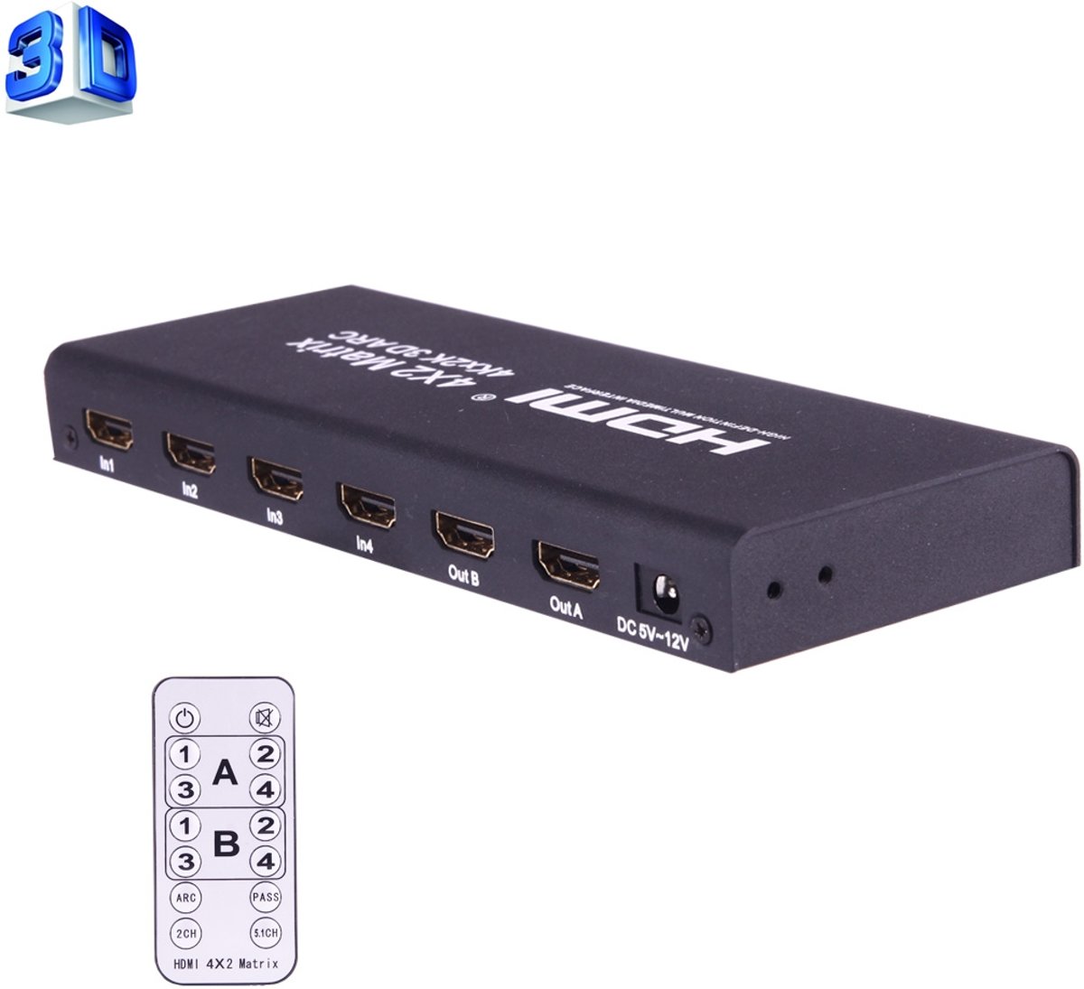 HDMI 4x2 Matrix-switcher / splitter met afstandsbediening, ondersteuning ARC / MHL / 4Kx2K / 3D, 4-poorten HDMI-ingang, 2 poorten HDMI-uitgang