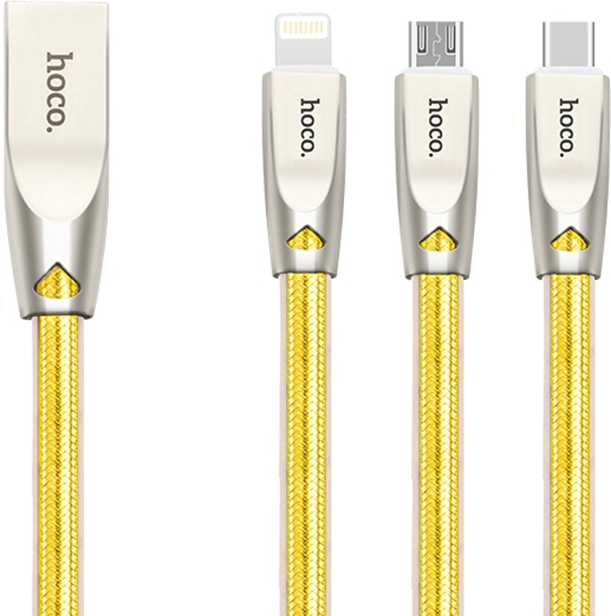 Hoco 1,5 m U9 X12 3 in 1 8 pins + Micro USB + USB-C / Type-C Jelly gebreide oplaadgegevenskabel, voor iPhone XR / iPhone XS MAX / iPhone X & XS / iPhone 8 & 8 Plus / iPhone 7 & 7 Plus / iPhone 6 & 6s & 6 Plus & 6s Plus / iPad (goud)