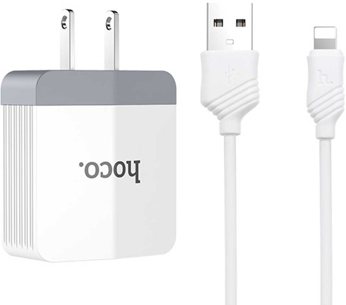 Hoco C13A Voedingsadapter DC 5V 2.4A (Max) Enkele poort USB Wall Rapid Charger met 1m USB naar 8-pins kabelset, US plug, voor Apple iPhone, iPad, Galaxy, HTC Nexus Moto Blackberry, Power Bank en meer (wit)