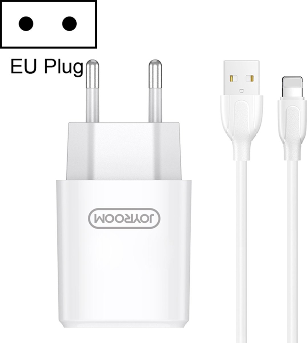 JOYROOM L-M226 2.4A Dual USB-poorten Reislader met 8-pins kabel, EU-stekker, voor iPhone XR / iPhone XS MAX / iPhone X & XS / iPhone 8 & 8 Plus / iPhone 7 & 7 Plus / iPhone 6 & 6s & 6 Plus & 6s Plus / iPad (wit)