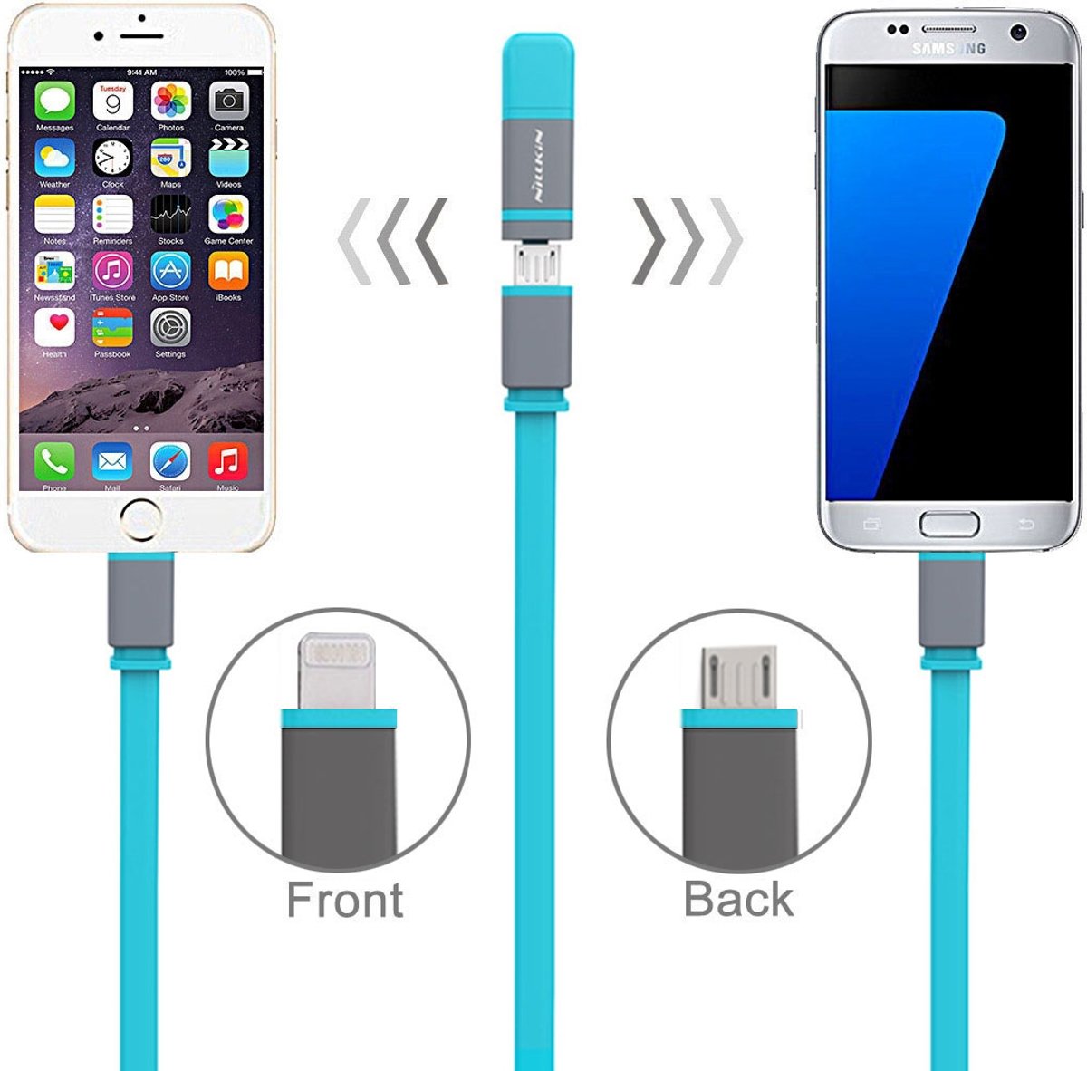 NILLKIN 1.2m 2.1A Plus II-kabel 8 pins en micro USB naar USB 2.0 Zachte TPE-gegevenssynchronisatie-oplaadkabel, voor iPhone & iPad & iPod & Samsung & LG & Huawei & Xiaomi & Meizu & OPPO (blauw)