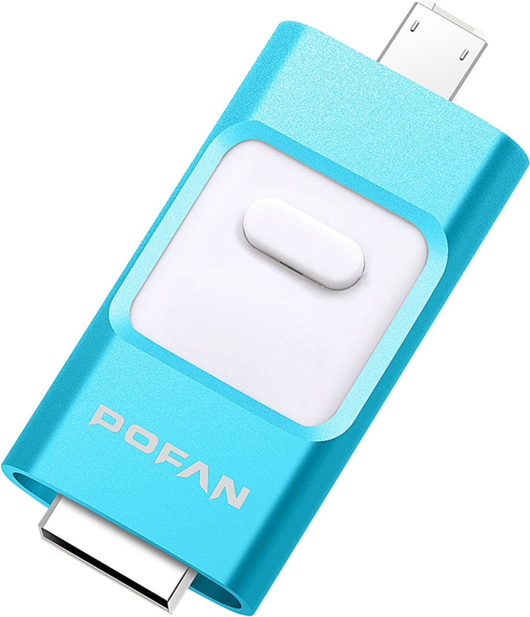 POFAN F01 128 GB 8pin & Micro USB naar USB 2.0 Mini push-pull metalen flash-schijfstation met vingerafdrukidentificatie, voor iPhone & iPad & iPod & Android-apparaten, afmeting: 54 x 23 x 9 mm (blauw)