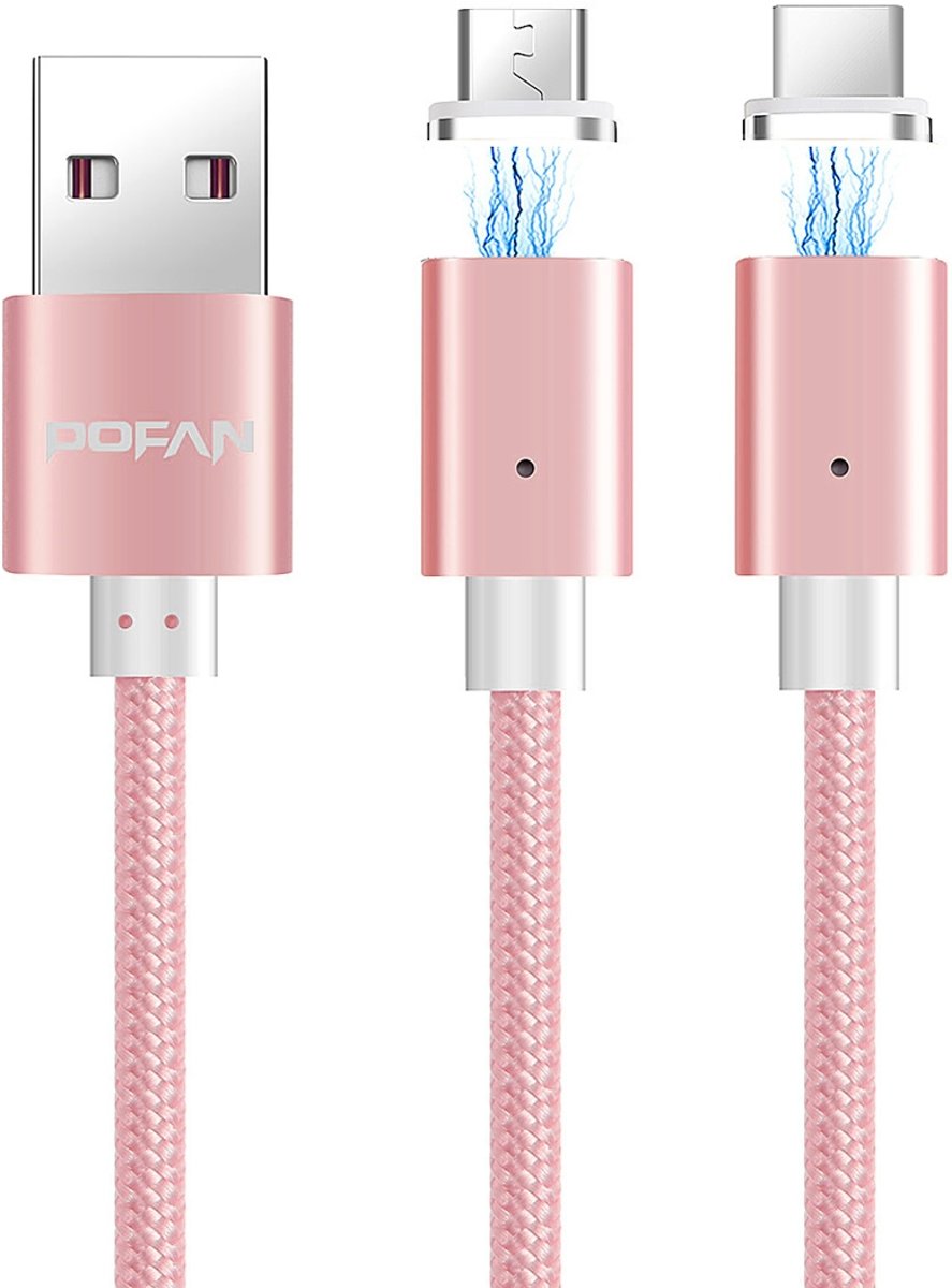 POFAN P13 1m 2A Magnetisch USB-C / Type-C + Micro USB Weave-stijl Datasynchronisatie Oplaadkabel met LED-licht, CE / FCC / ROHS, voor Samsung / Huawei / Xiaomi / Meizu / LG / HTC en andere smartphones (rose goud)