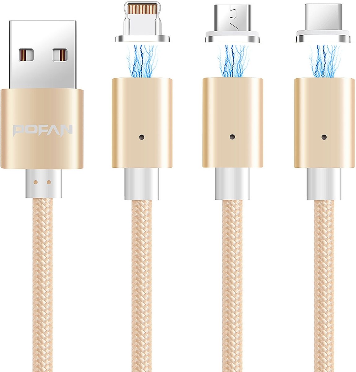 POFAN P13 1m 2A magnetisch 8 pins + Micro USB + USB-C / Type-C naar USB Weave Style Data Sync oplaadkabel met LED-licht, voor iPhone / iPad / Galaxy / Huawei / Xiaomi / LG / HTC / Meizu en andere slimme telefoons (Goud)