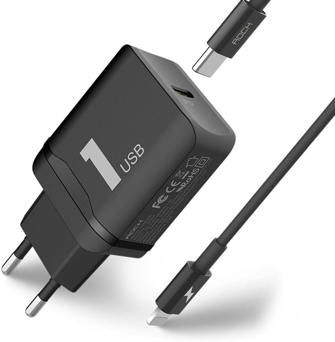 ROCK PD snelladerset (T12 PD-reislader met enkele poort + USB-C / Type-C naar 8-pins PD-snellaadkabel), voor iPhone XR / iPhone XS MAX / iPhone X & XS / iPhone 8 & 8 Plus / iPhone 7 & 7 Plus / iPhone 6 & 6s & 6 Plus & 6s Plus / iPad (zwart)