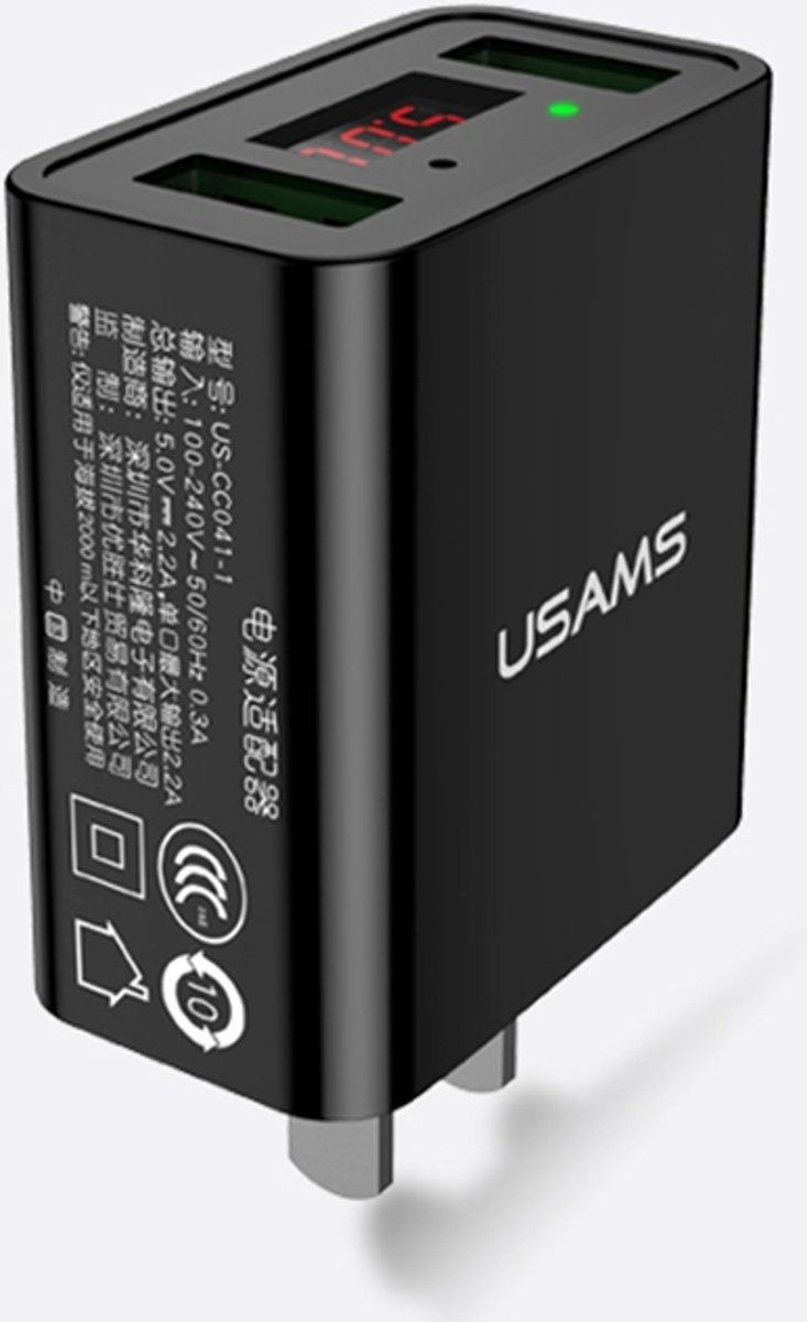 USAMS US-CC041 Spanningsstroommonitor 2-poorts USB-wandlader met LED-display, voor iPad, iPhone, Galaxy, Huawei, Xiaomi, LG, HTC en andere slimme telefoons, oplaadbare apparaten