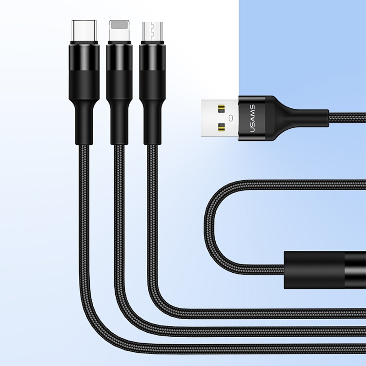 USAMS US-SJ219 U5 1.5m 3 In 1 USB naar 8 pins + Micro USB + USB-C / Type-C gevlochten data Sync laadkabel (zwart)