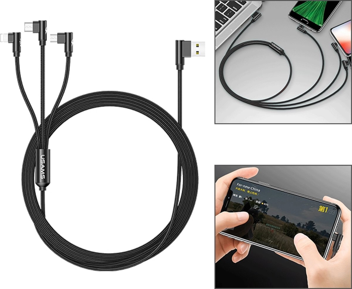 USAMS US-SJ242 U10 3 in 1 Elleboog USB-C / Type-C + 8-pins + Android multifunctionele gegevenskabel, lengte: 1,2 m (zwart)