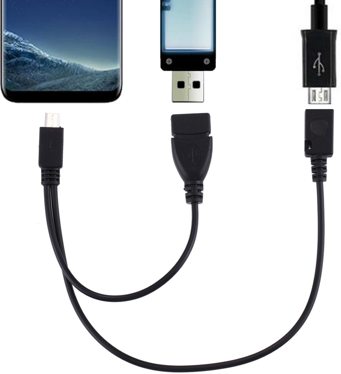 USB 2.0 Micro-B mannetje naar USB 2.0 Micro-B mannetje en USB 2.0 Vrouwelijk Y-splitter OTG-kabel, lengte: 19 / 30cm, voor Samsung / Huawei / Xiaomi / Meizu / LG / HTC en andere smartphones (zwart)