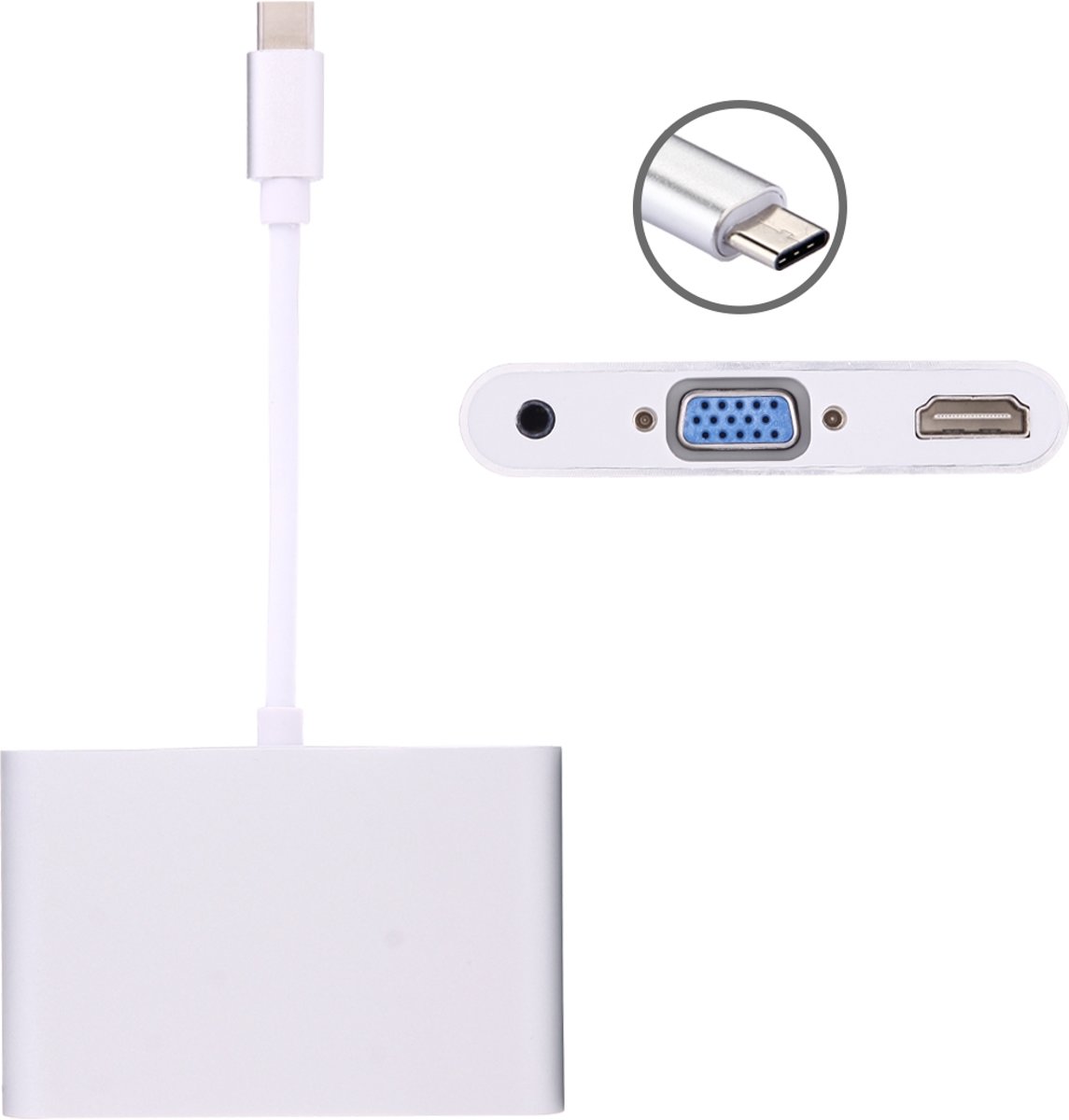 USB-C / Type-C 3,1 tot VGA en HDMI en 3,5 mm video-audioadapter, voor laptop & notebook en MacBook 12 inch en MacBook Pro (zilver)