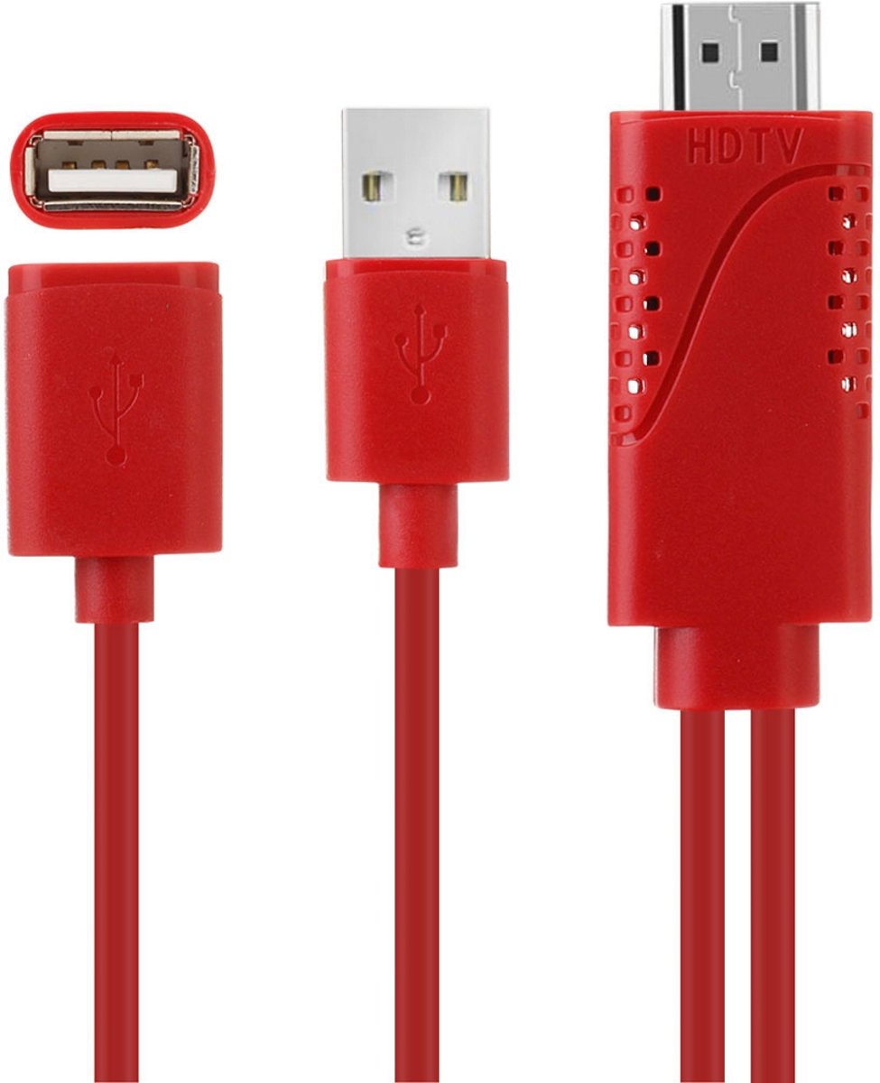 USB Male + USB 2.0 Vrouw naar HDMI Telefoon naar HDTV Adapterkabel, voor iPhone / Galaxy / Huawei / Xiaomi / LG / LeTV / Google en andere slimme telefoons (rood)