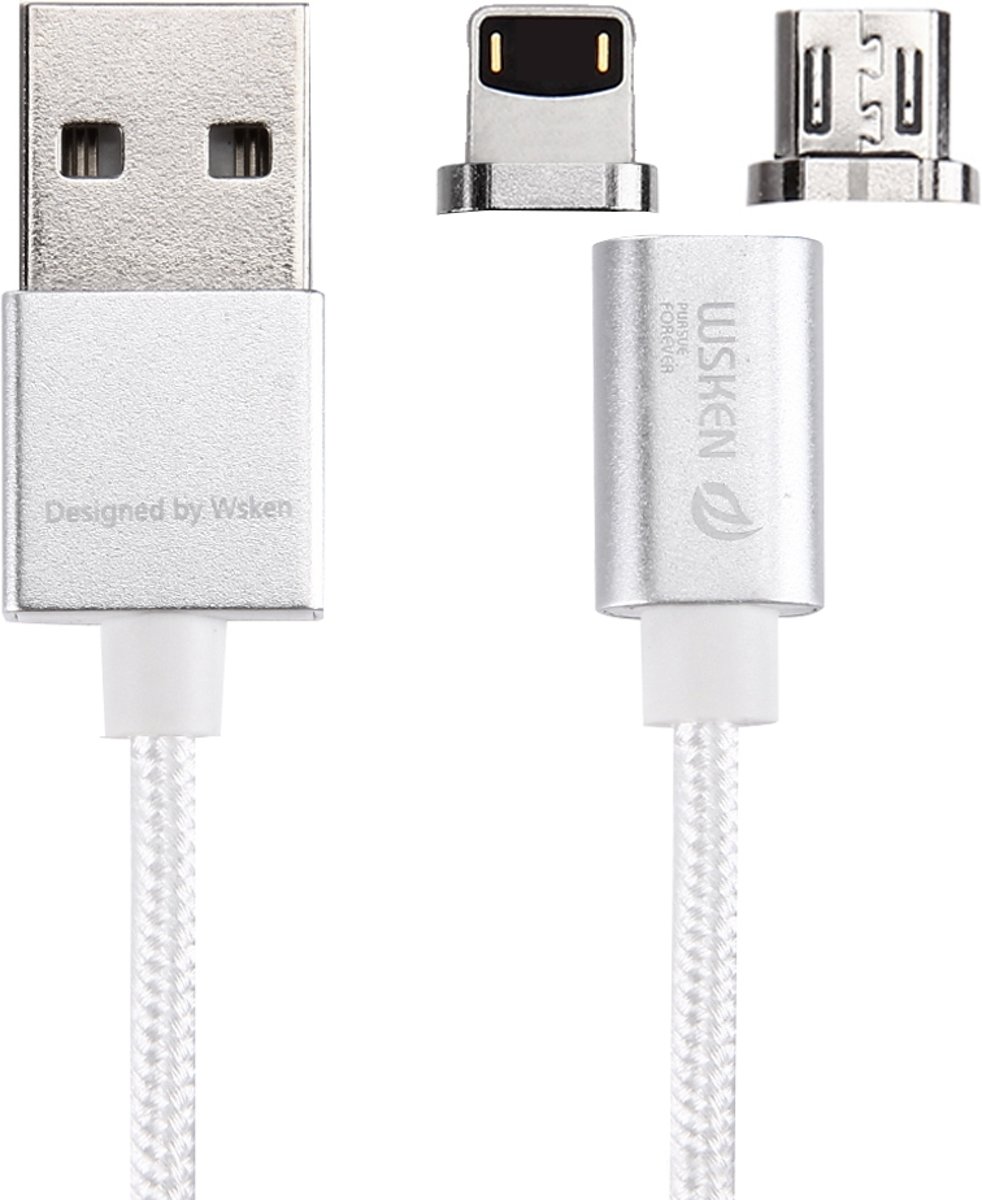 WSKEN 1m 2.4A X-kabel mini 1 metalen magnetische kabel geweven stijl 8 pins en micro USB naar USB 2.0 Data Sync oplaadkabel, voor iPhone & iPad & iPod, Samsung, HTC, Sony, Huawei, Xiaomi, Meizu (zilver)