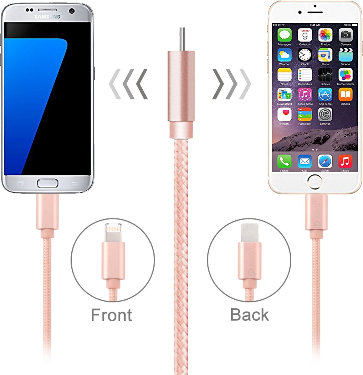 WSKEN M-kabel 1m 2.1A 2-in-1 geweven stijl metalen kop 8-pins en micro USB naar USB 2.0 datasynchronisatie Oplaadbare nylon kabel, voor iPhone & iPad & iPod & Samsung, HTC, Sony, Huawei, Xiaomi, Meizu, enz. (Rose goud )