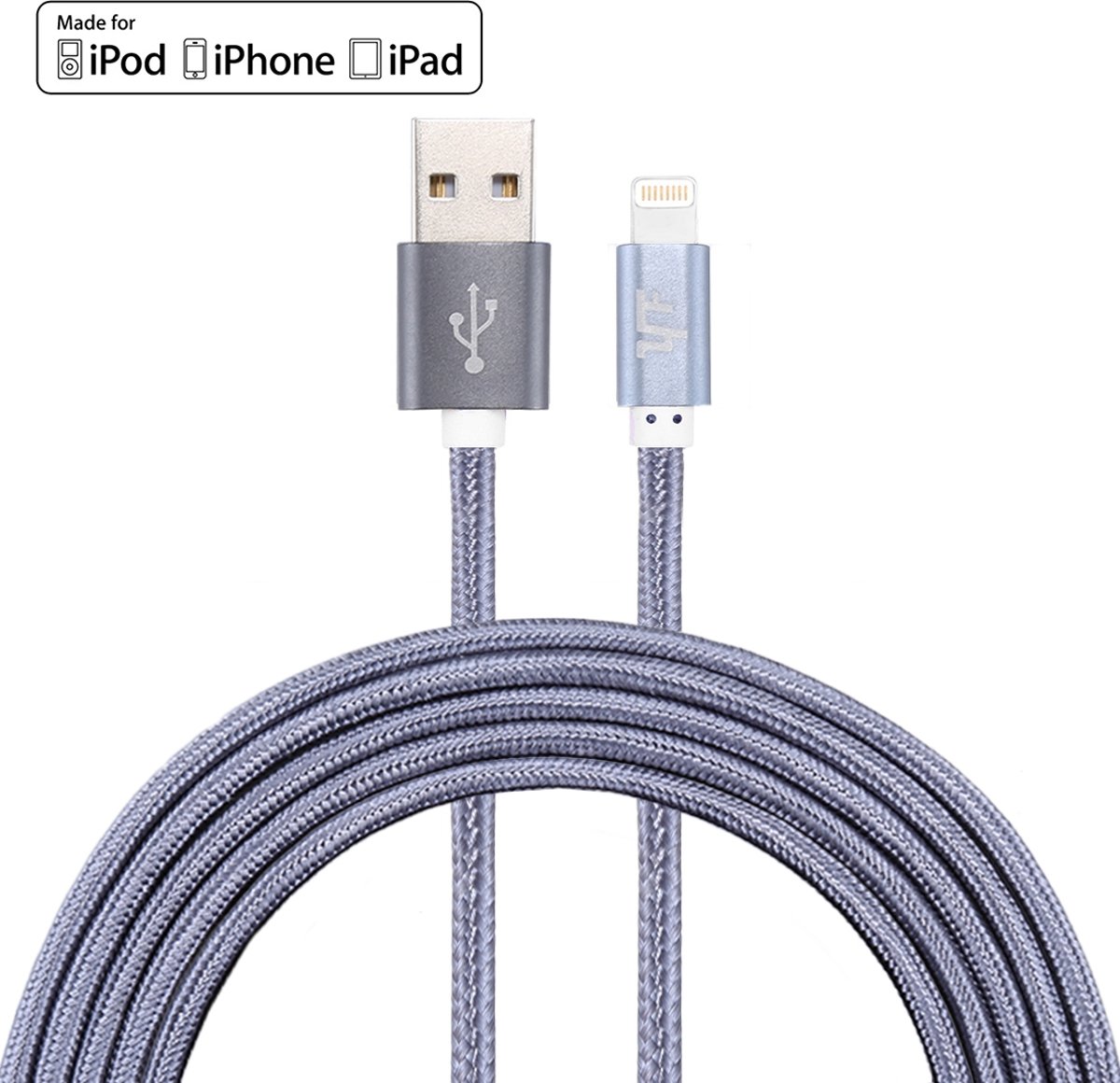 YF-MX04 3 m 2.4A MFI gecertificeerd 8-pins naar USB nylonweefsel Stijlgegevens sync-laadkabel, voor iPhone X, iPhone 8, iPhone 7 en 7 Plus, iPhone 6 & 6s, iPhone 6 Plus & 6s Plus, iPhone 5 & 5s & 5C, iPad Air, iPad mini (grijs)