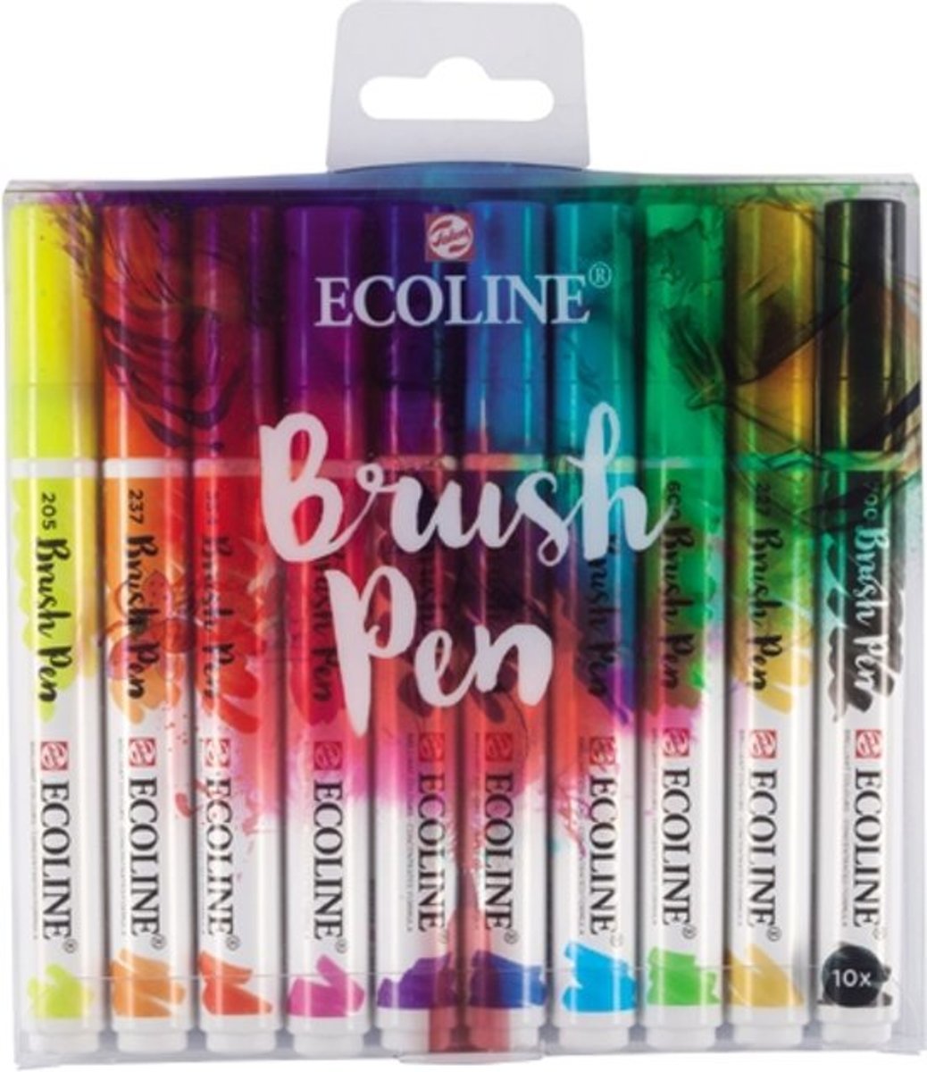 Talens Ecoline set van 10 Brush Pennen + 1 Ecoline Blender verpakt in een A4 Zipperbag + EXTRA 1 stuks Beschrijfbare Zipperbag A4 Formaat