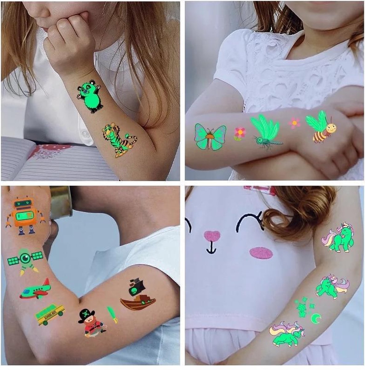 Glow in the Dark - Tattoo Stickers - 150+ stuks - Tijdelijke Tattoo - Plakplaatjes - Kinderen - 12 Vellen - Dieren - Eenhoorn - Unicorn - Zeemeermin - Robot - Dinosauriërs - Piraat - Schattig - Stoer