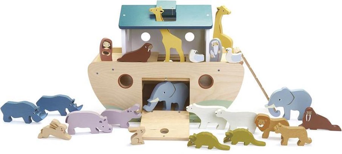 Tender Leaf Toys Dieren: ARK VAN NOAH 38x27x29,5cm, met Mr. en Mevr. Noah en 10  paar dieren, in hout, in doos 18x18x38,5cm, 3+