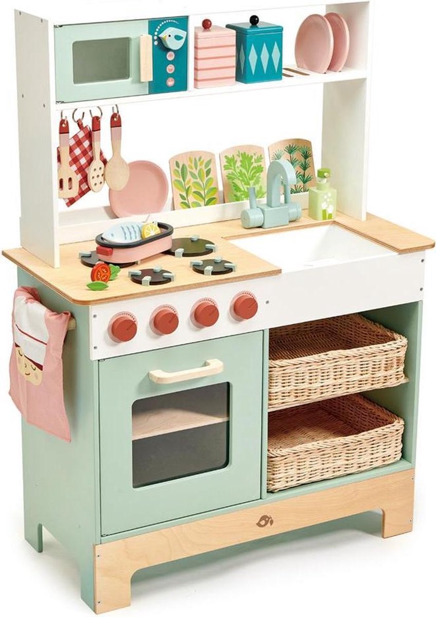 Tender Leaf Toys Playing: KEUKEN 67x32,4x91,5cm, met accessoires, in hout, in  doos 72x64,6x11cm, 3+