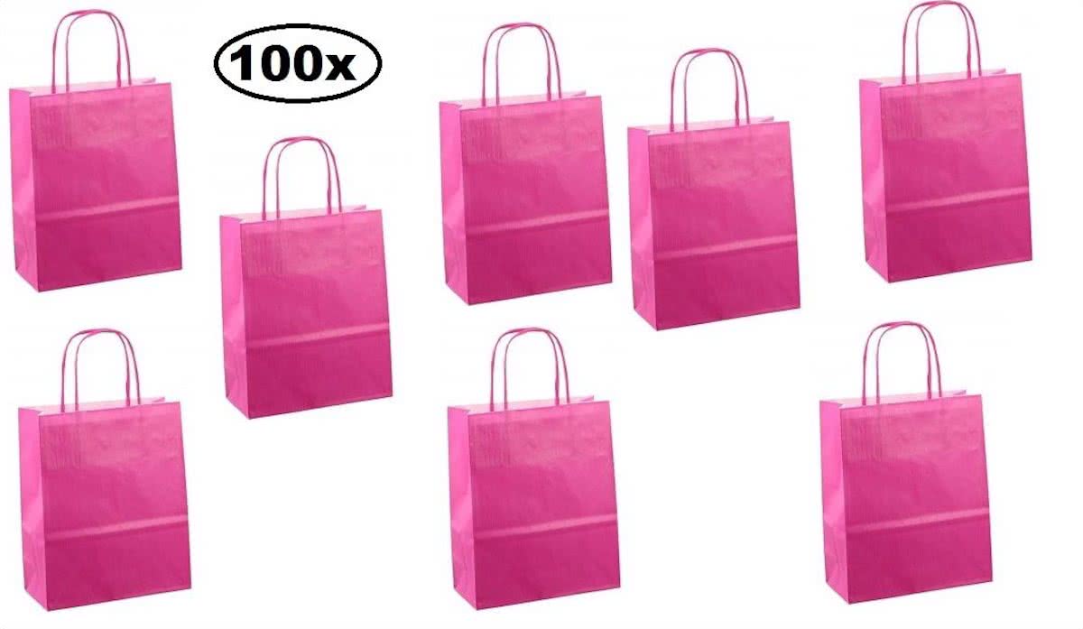 100x Papieren koordtas fuchsia 18x8x22cm