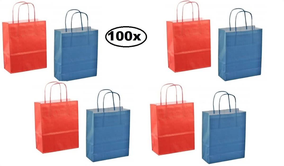 100x Papieren koordtas rood en blauw 18x8x22cm