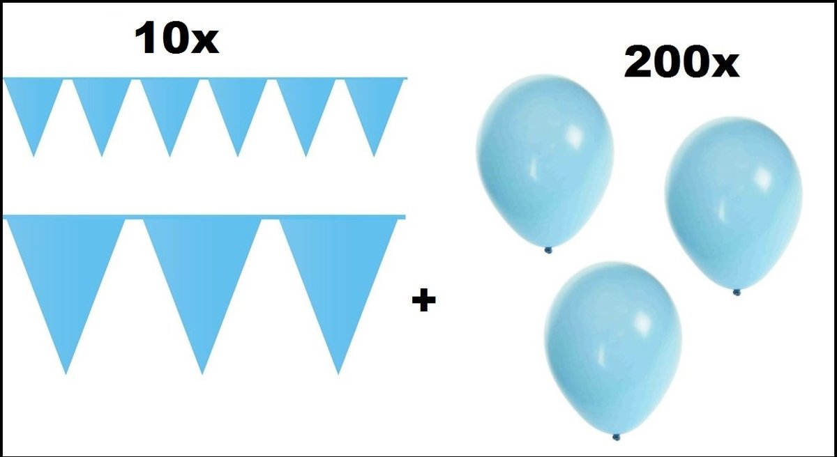 10x Vlaggenlijn 10 meter + 200 Ballonnen licht blauw