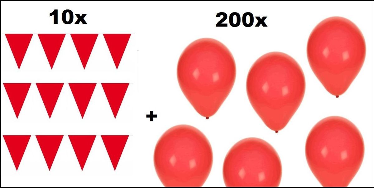 10x Vlaggenlijn 10 meter + 200 Ballonnen rood