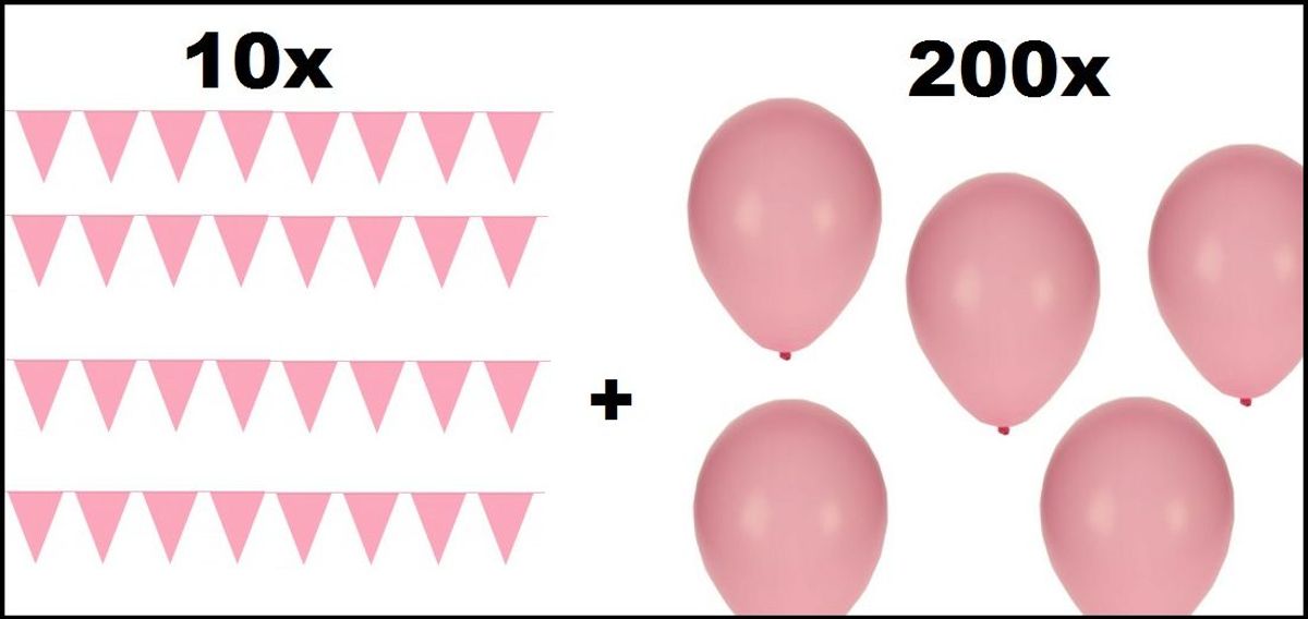 10x Vlaggenlijn 10 meter + 200 Ballonnen roze