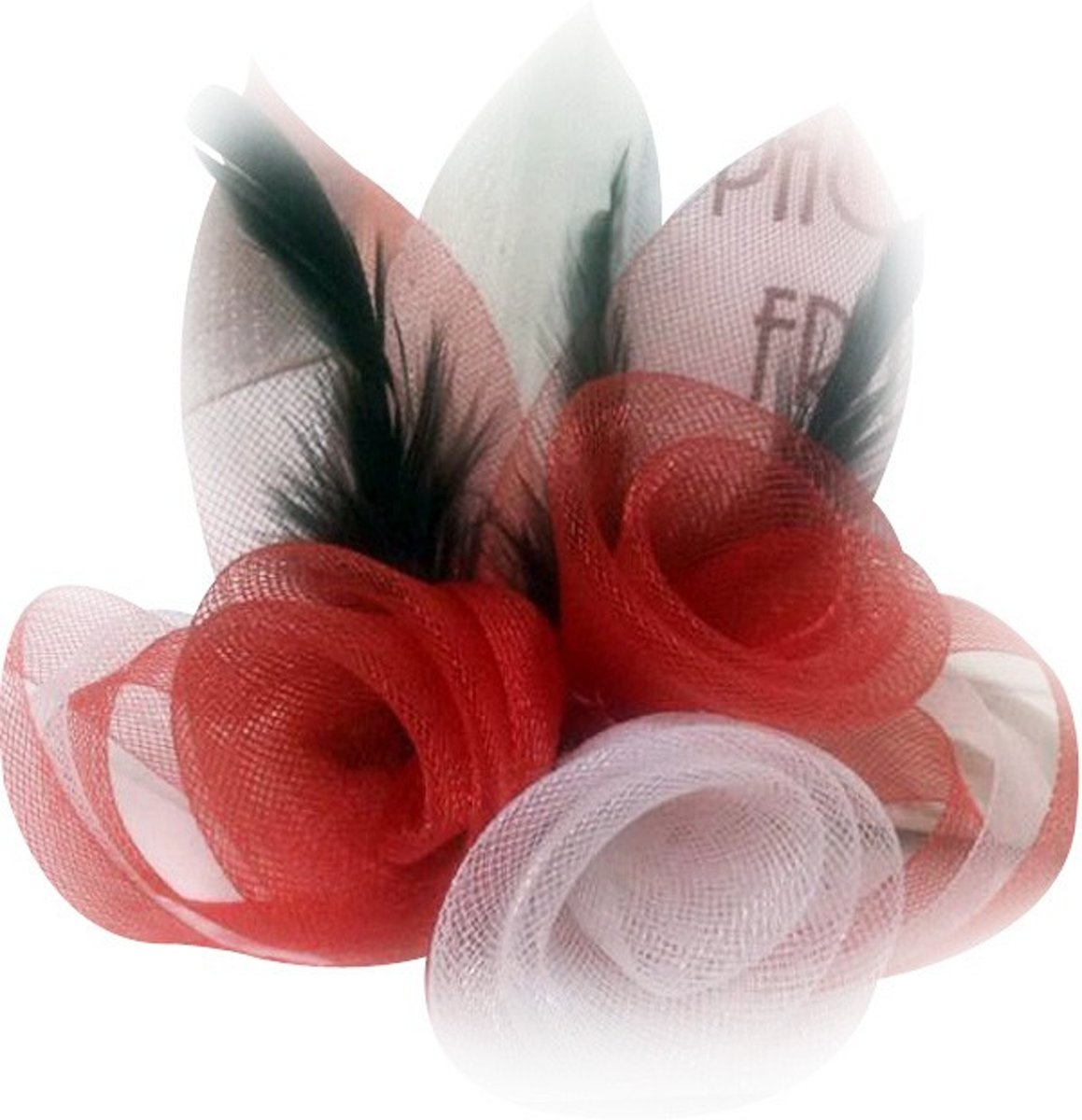 12x Broche tule 3 bloemen met veertjes rood-wit-rood