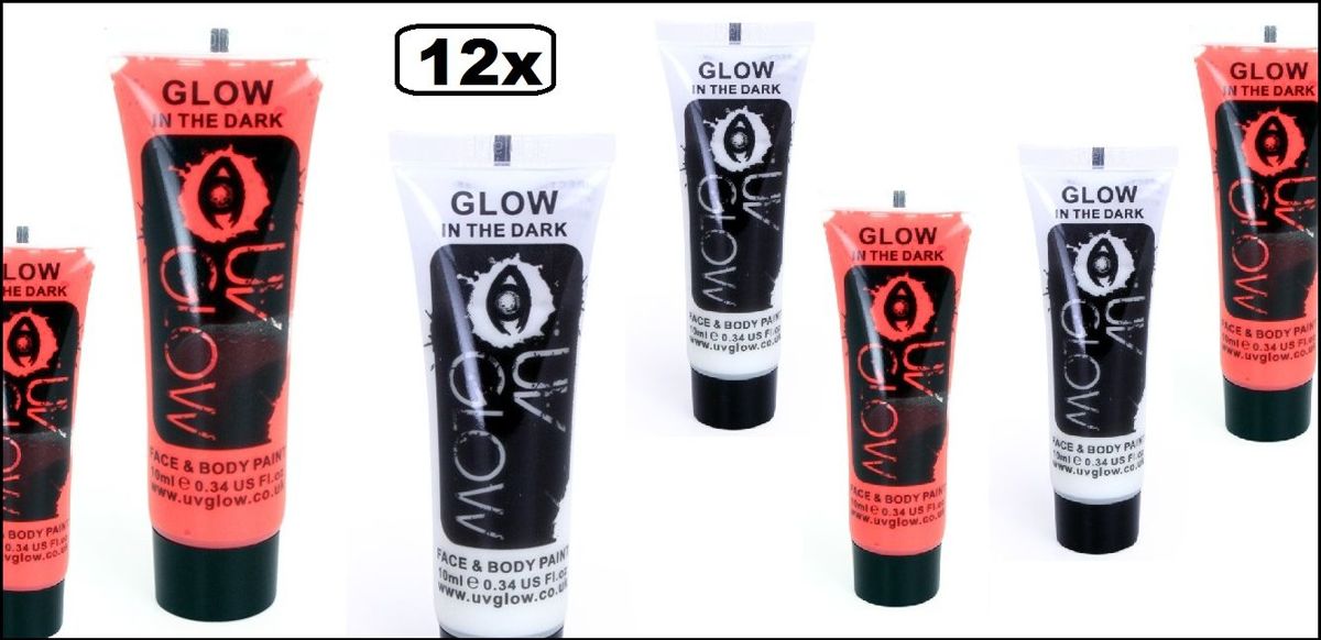 12x Glow in the dark Face & body paint rood/wit