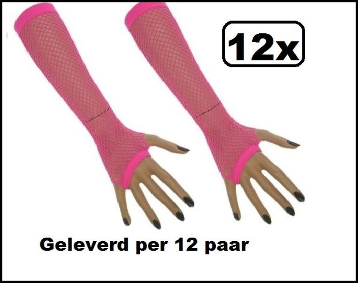 12x Paar Nethandschoenen lang vingerloos fluor pink