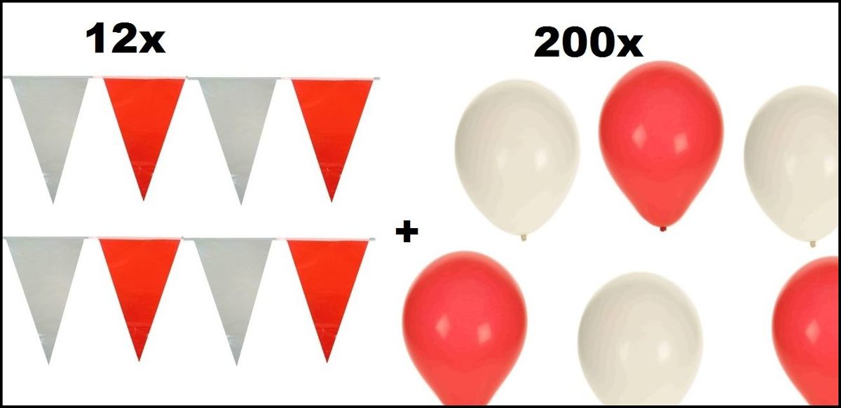 12x Vlaggenlijn 10 meter + 200 Ballonnen rood/wit