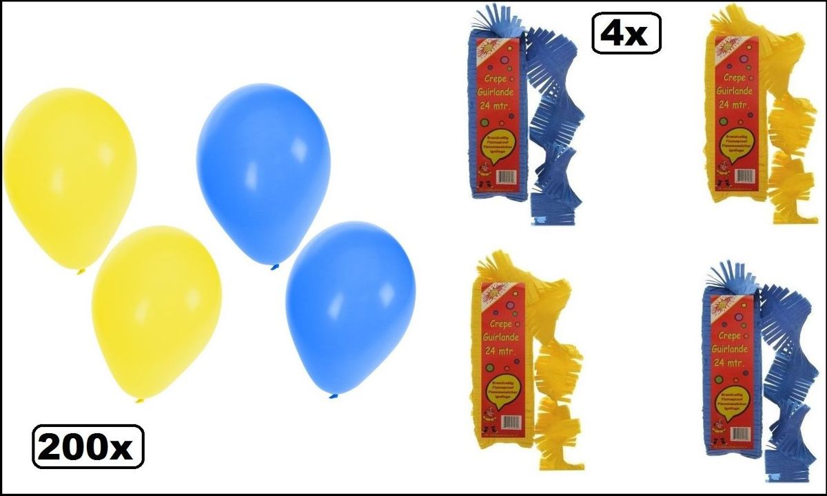 200x Ballonnen en 4x Crepe guirlande  24m blauw/geel